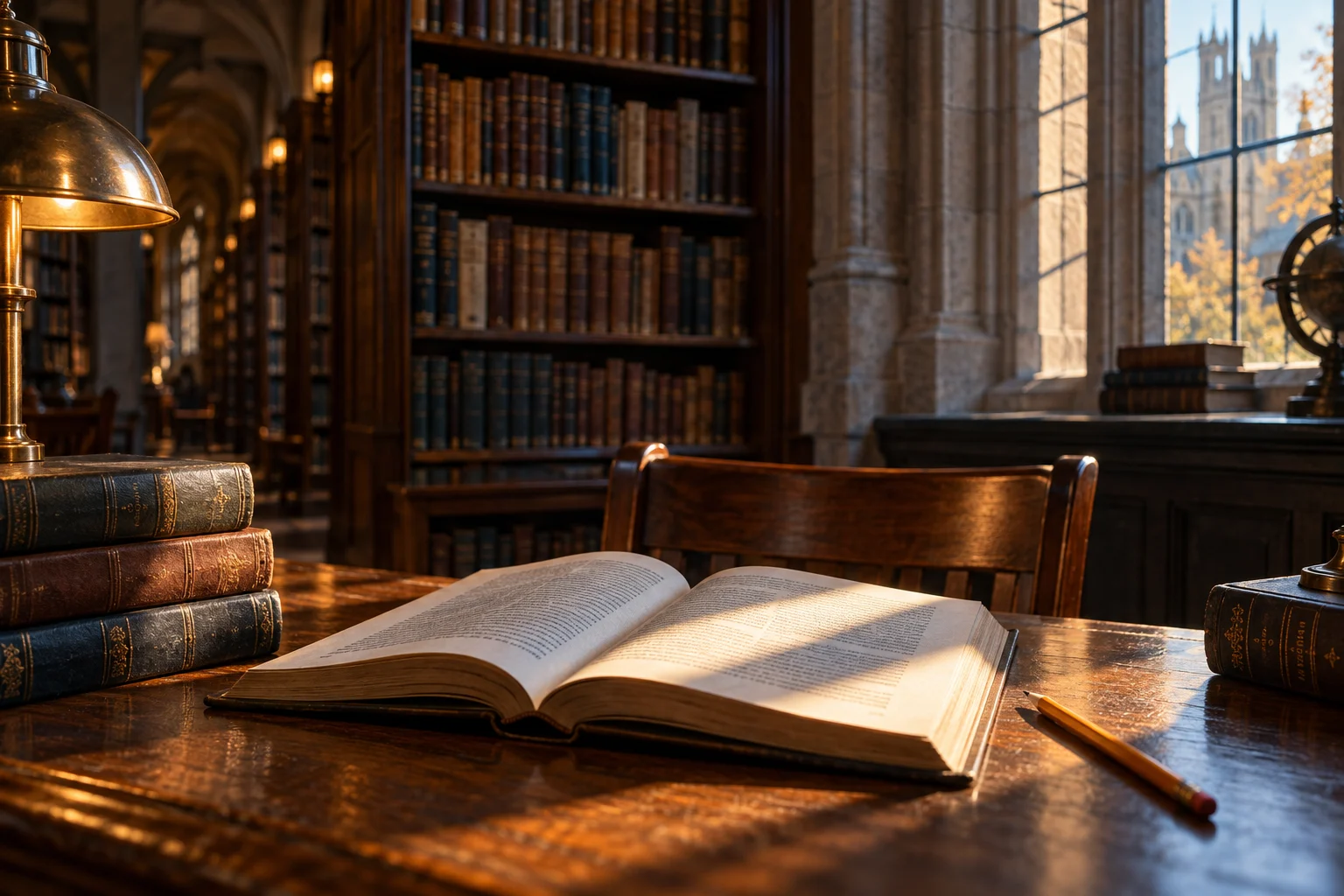 An open book in a sunlit university library