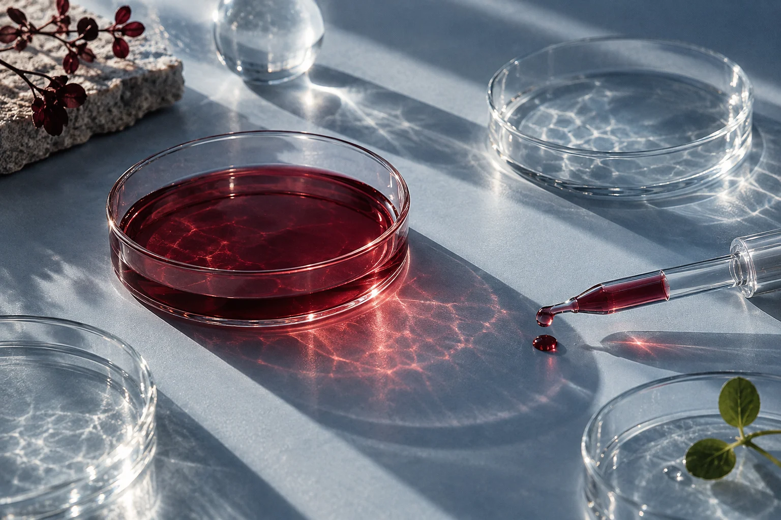 Glass laboratory dishes and a dropper