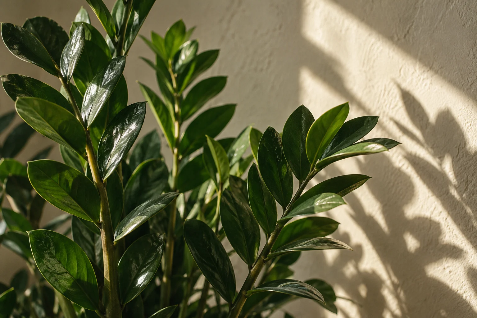 Glossy green ZZ plant leaves