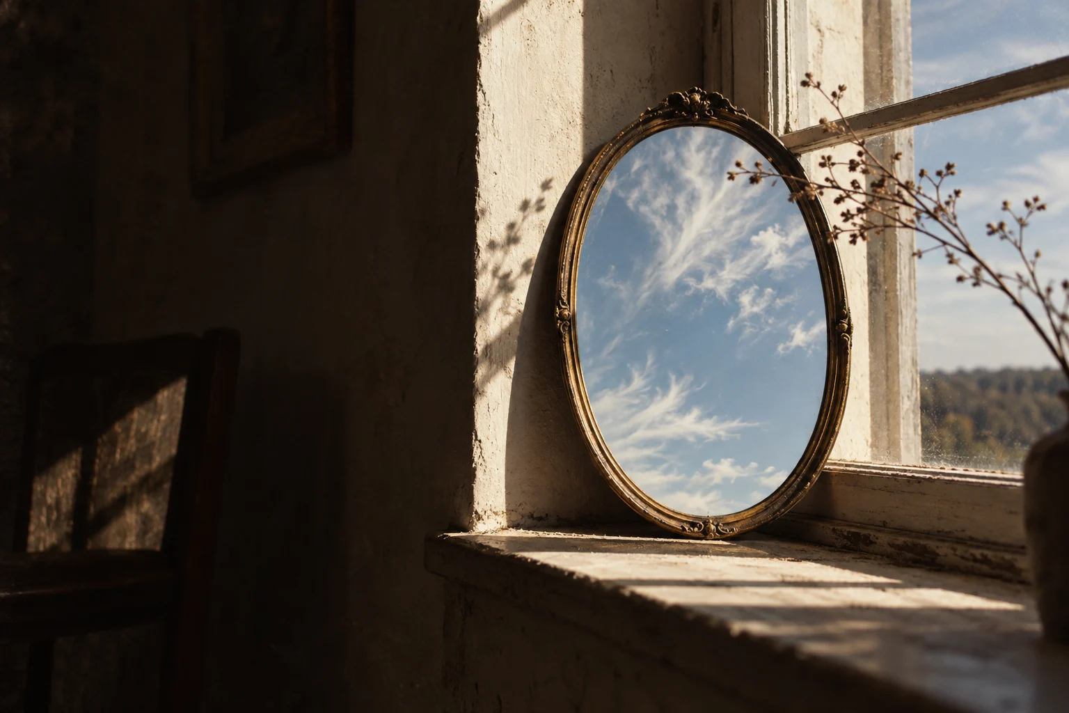 An antique mirror reflecting the sky