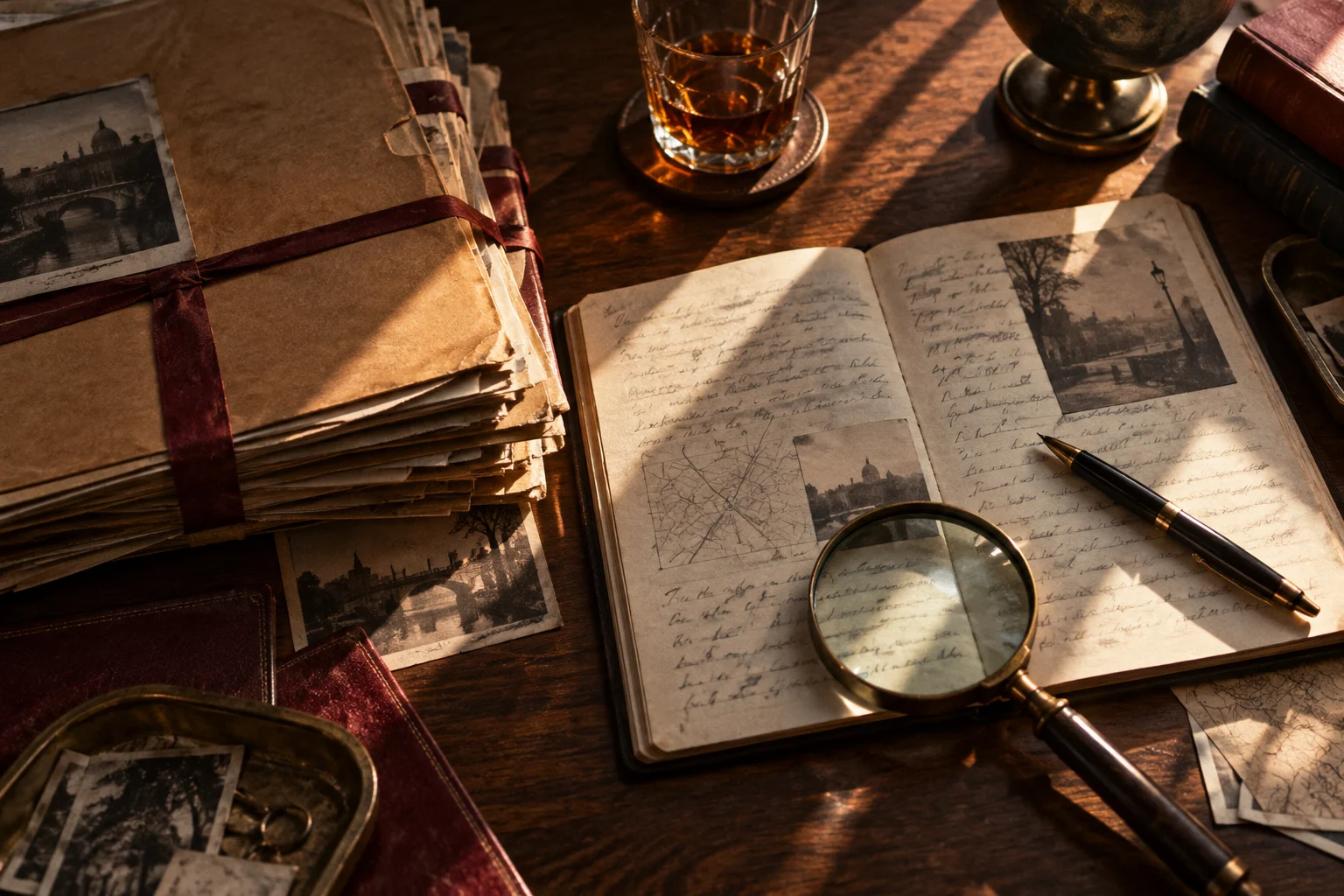 Case folders and an investigative notebook in angled light